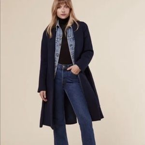 Reformation Womens Navy Wool Knee Length Sutton Coat, Shawl Collar, Belted, Med